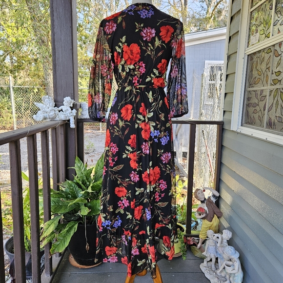Harlow & Rose Floral Midi Dress Medium Faux Wrap Cottage Overlay Sheer Sleeves - Picture 12 of 16